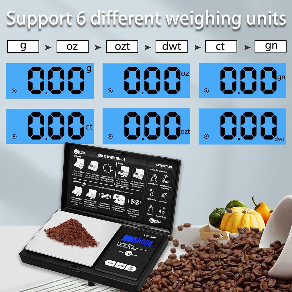 200G Digital Pocket Gram Scale 0.01G Accuracy, 200G X 0.01G Mini Digital Grams Scale, Small Food Scale, Jewelry Scale, Ounces Grains Scale With100G Calibration Weight