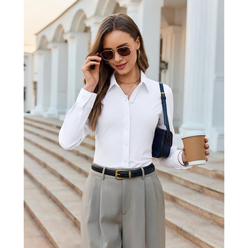 Women’s Button Down Shirt Slim Fit Stretch Wrinkle-Free Shirts for Women Long Sleeve Collared Work Blouse for Casual