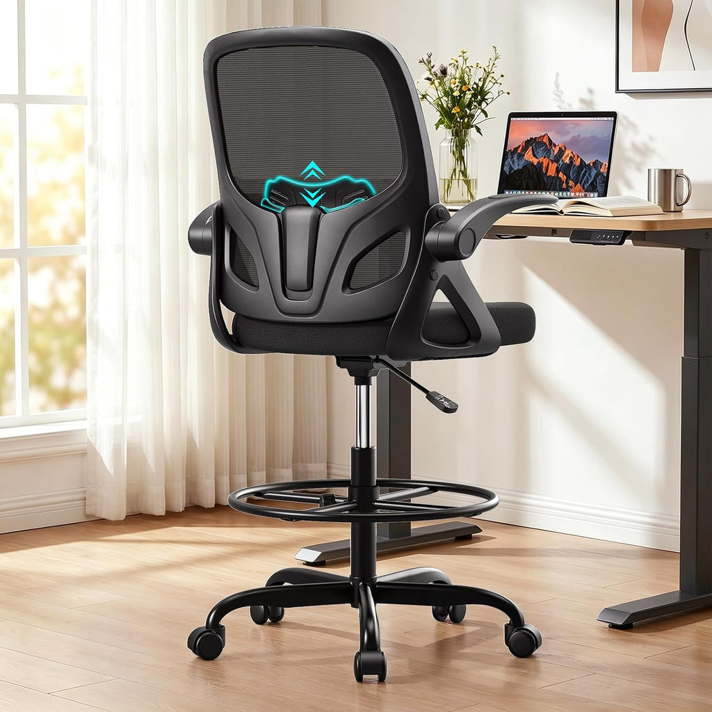 Drafting Chair Tall Office Chair, Ergonomic Standing Desk Chair With Adjustable Foot Ring And Flip-Up Armrests, Mesh Computer Chair For Art Studio, 300 Lbs, Black