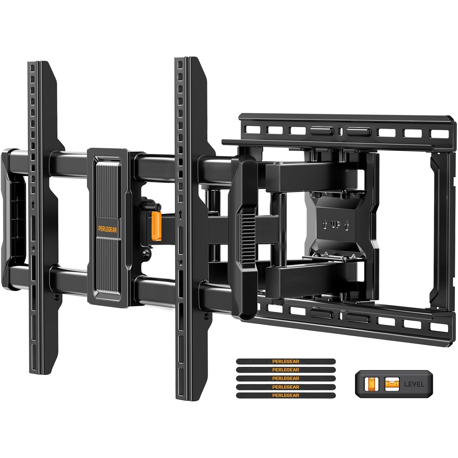 Perlegear UL-Listed Full Motion TV Wall Mount for 42–97 Inch Flat Curved TVs up to 132 lbs, 12″/16″ Wood Studs, TV Mount Bracket with Tool-Free Tilt, Swivel, Extension, Max VESA 600 x 400mm, PGLF15