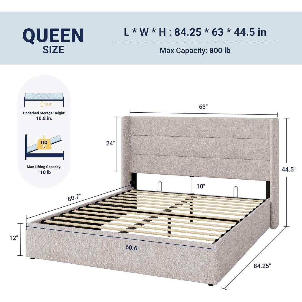 Allewie Queen Size Lift Up Hydraulic Storage Bed Frame Light Beige