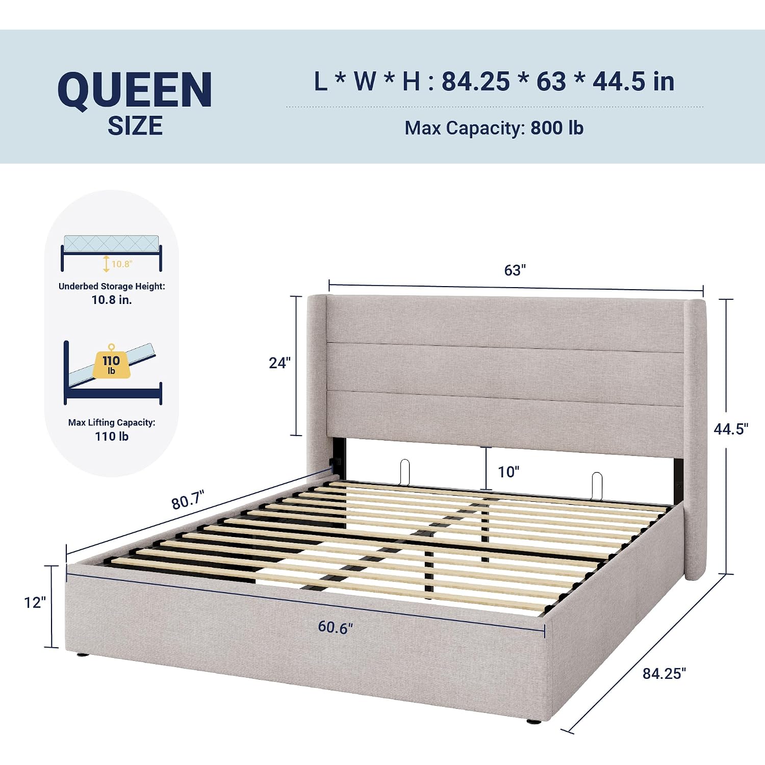 Allewie Queen Size Lift Up Hydraulic Storage Bed Frame Light Beige