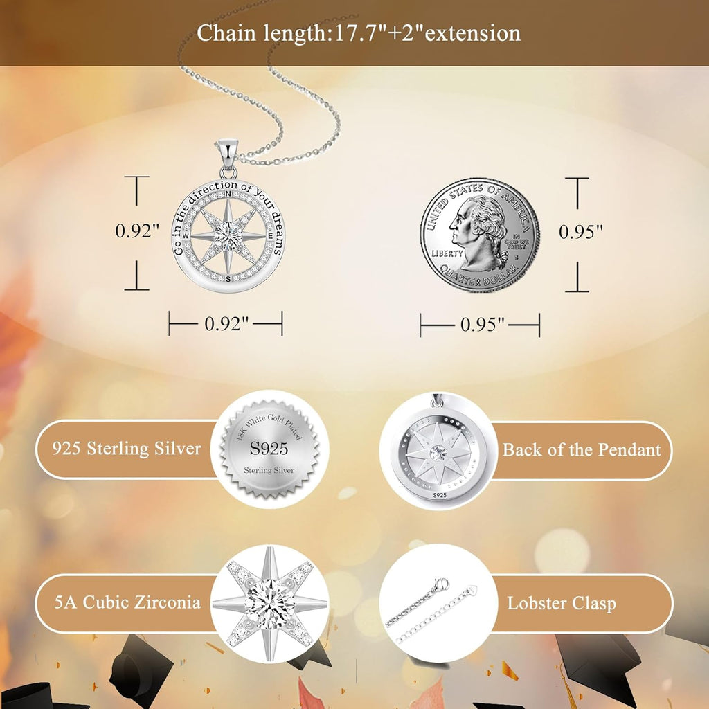 2026 Graduation Gifts for Her-925 Sterling Silver Graduation Compass Necklace College Graduation Gifts for Women Her Granddaughter Daughter 2026