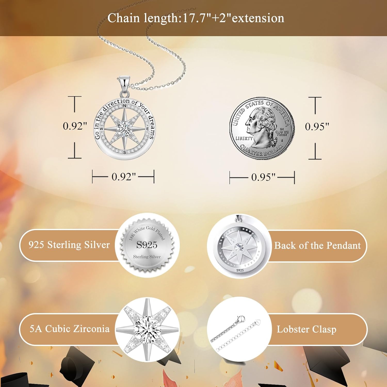 2026 Graduation Gifts for Her-925 Sterling Silver Graduation Compass Necklace College Graduation Gifts for Women Her Granddaughter Daughter 2026