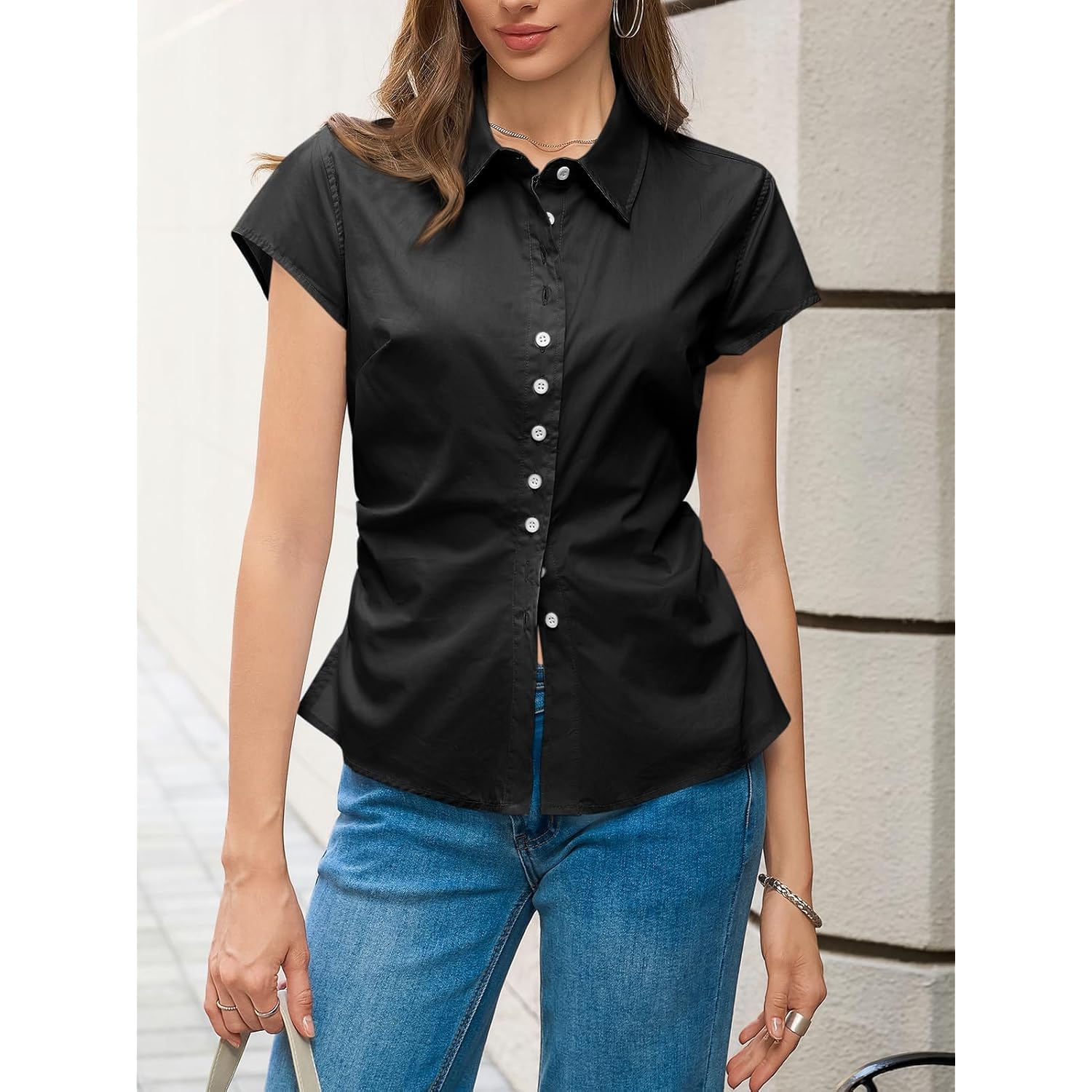 Womens Summer Button Down Shirts Short Sleeve Slim Fit Petite Ruched Cotton Blouses Cute Going Out Tops
