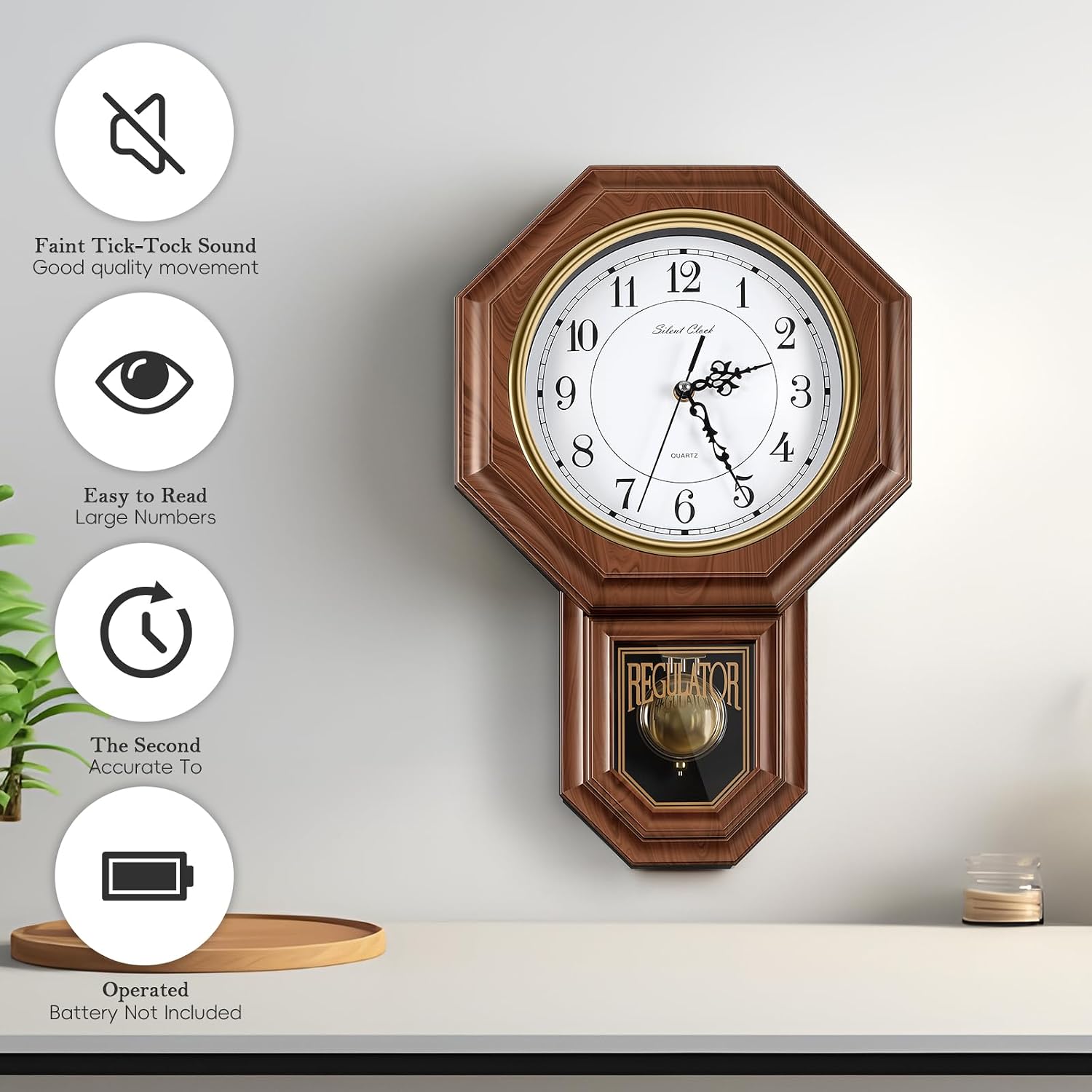 Pendulum Wall Clocks Battery Operated,Regulator Wall Clock With Pendulum,Vintage Decorative Grandfather Clock For Living Room,Bedroom,Kitchen,Office,Brown 11.8X17.7In