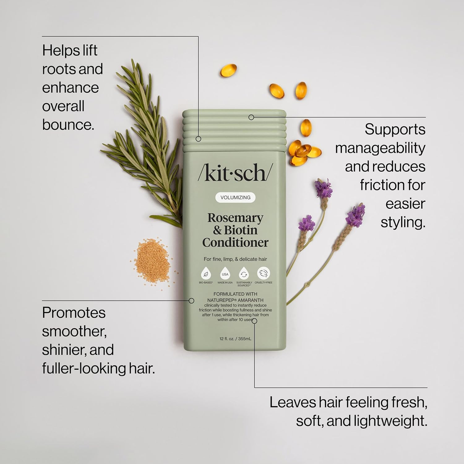 Kitsch Volumizing Rosemary & Biotin Liquid Conditioner for Women and Men for Hair Growth – Boosts Fullness & Shine After 1 Use, Thickening Bio-Based Hair Care, Color-Safe, Made in USA – 12.3 oz