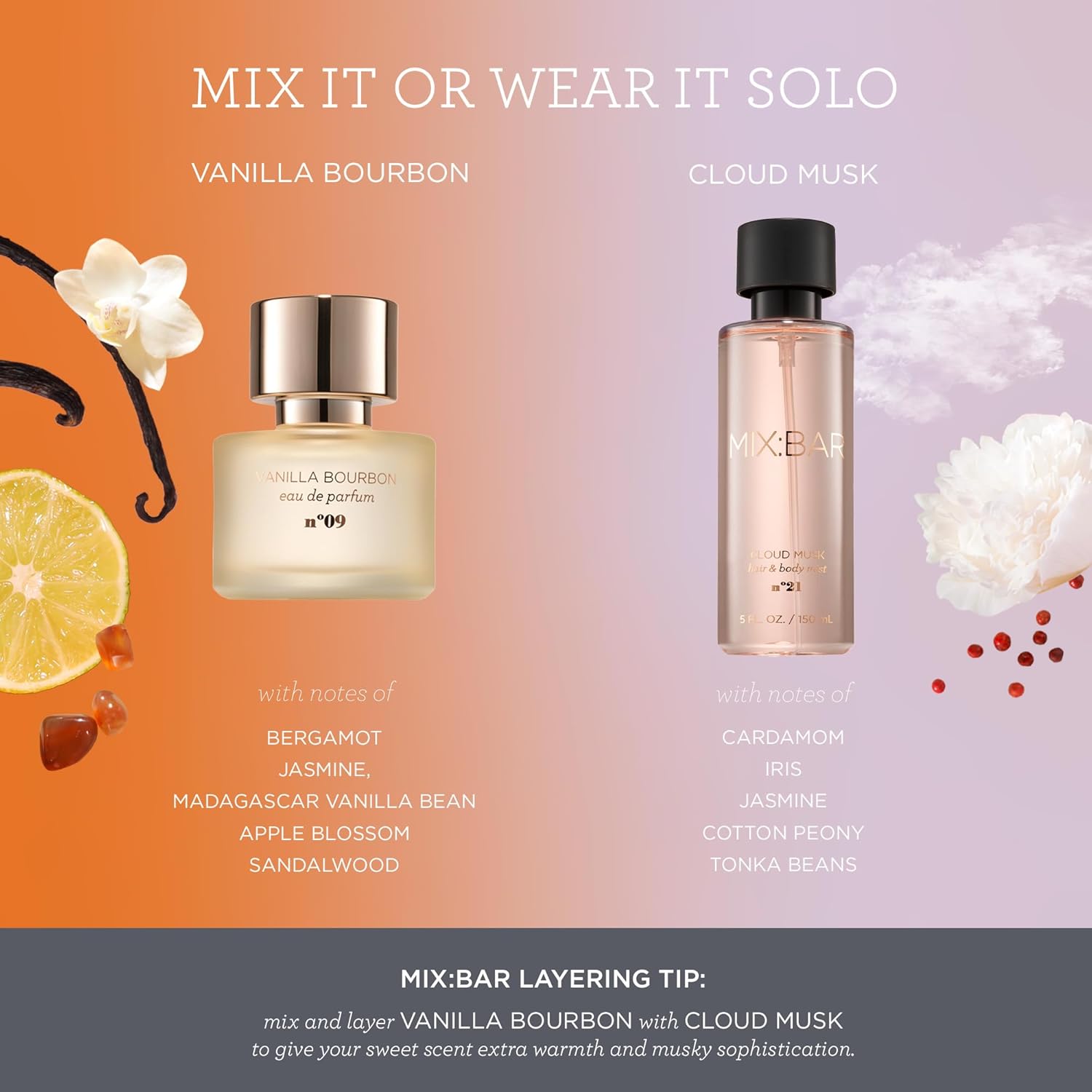 MIX:BAR Vanilla Bourbon Perfume for Women - Woody, Vanilla Bean, Amber Scent - Eau de Parfum Spray - Hair Mist Perfume - Long‑Lasting Fragrance,1.7oz