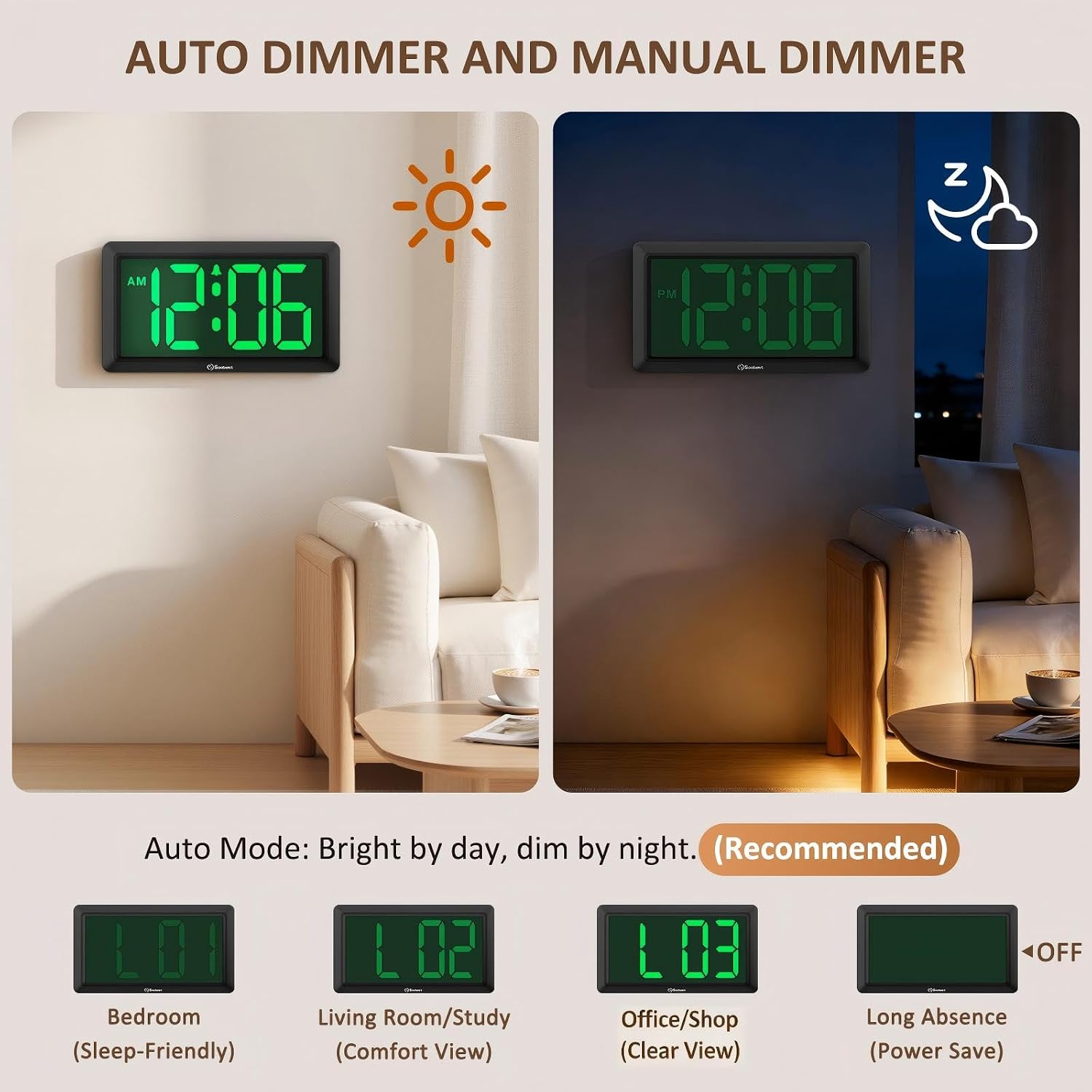 9.5 Inch Large Led Digital Wall Clock Battery Operated, Auto & Manual Dimmer Display, Easy To Read 3.2'' Big Digit With Alarm For Seniors, Modern Decor For Living Room, Bedroom, Office (Green)