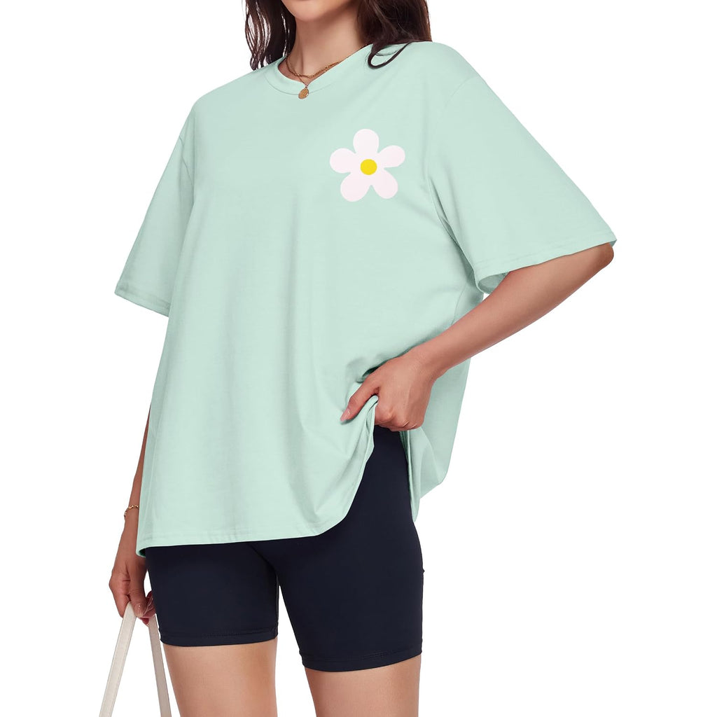 ADOREJOY Oversized Tshirts for Women Crewneck Summer Graphic Tees Short Sleeve Loose Basic Tops 2026 C Light Green Flower