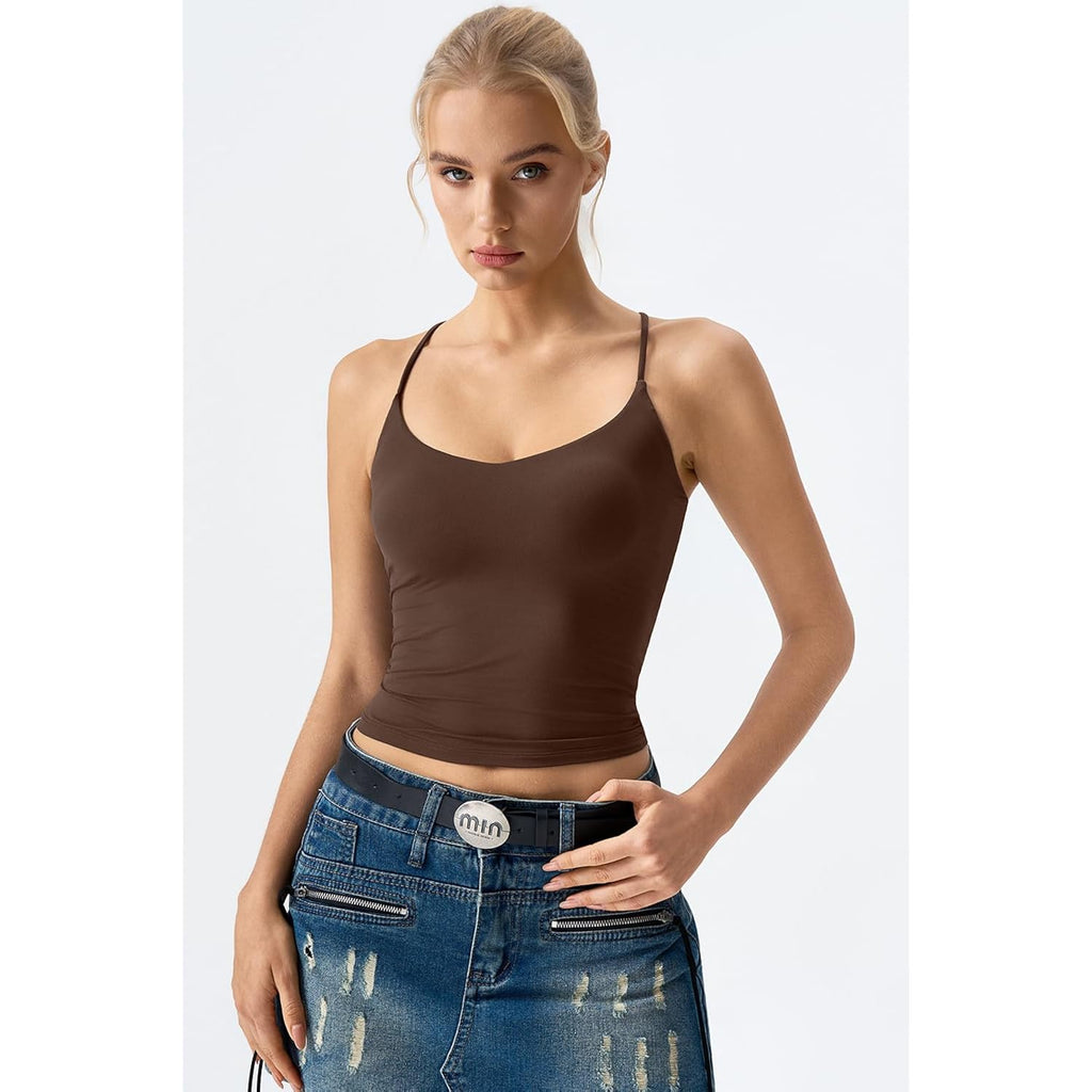 QINSEN Womens Cross Back Tank Top V Neck Double Lined Camisole Top Sleeveless Spaghetti Strap Going Out Tops