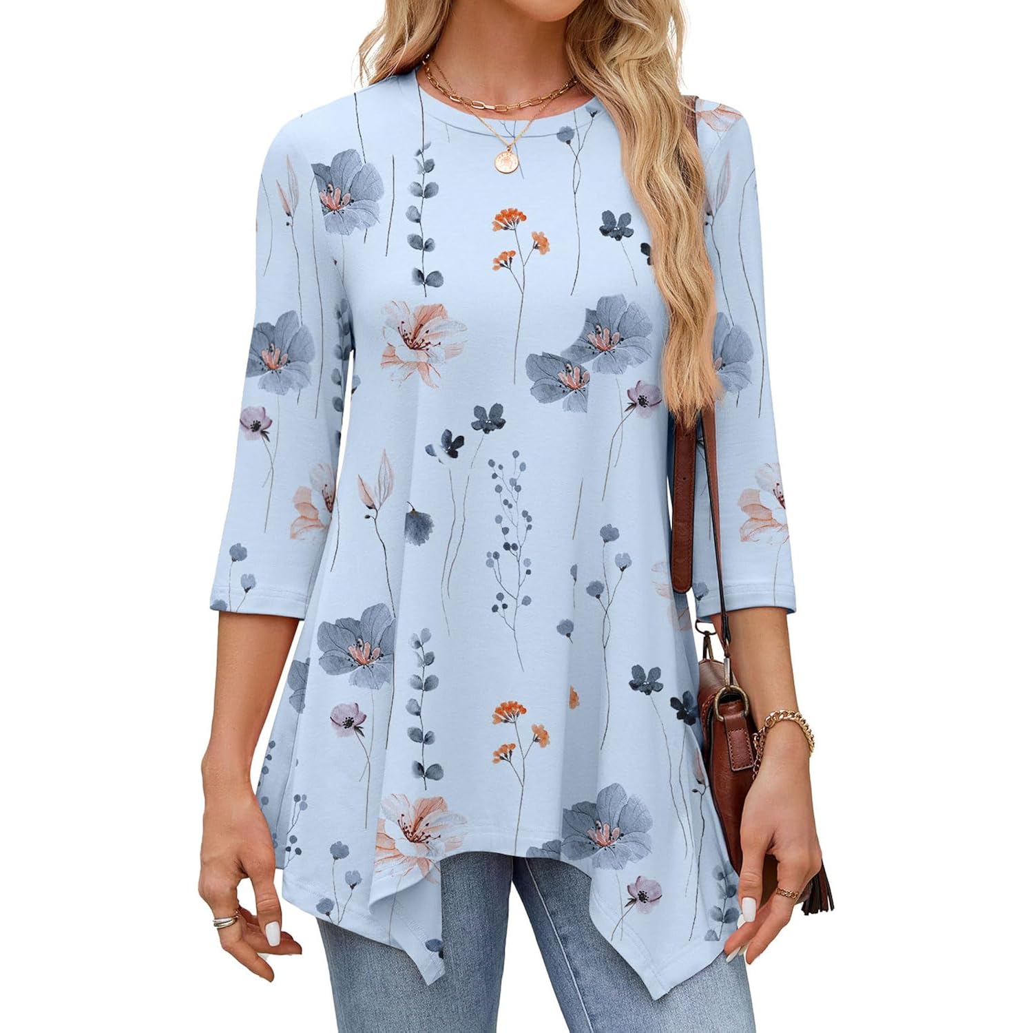 3/4 Length Sleeve Tunic Tops for Women Loose Fit Dressy Casual Blouses Shirts with Asymmetrical Hem S-3XL