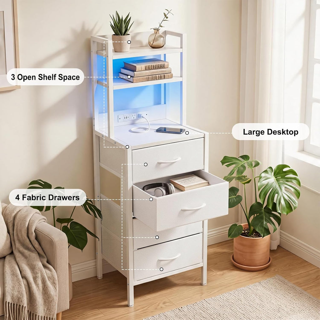 Fixwal 47 Inch Tall Nightstand With Charging Station, Led Night Stand With Socket, 4 Pu Finished Fabric Storage Drawers, Office, Bedside Table & Bookshelf In One, White