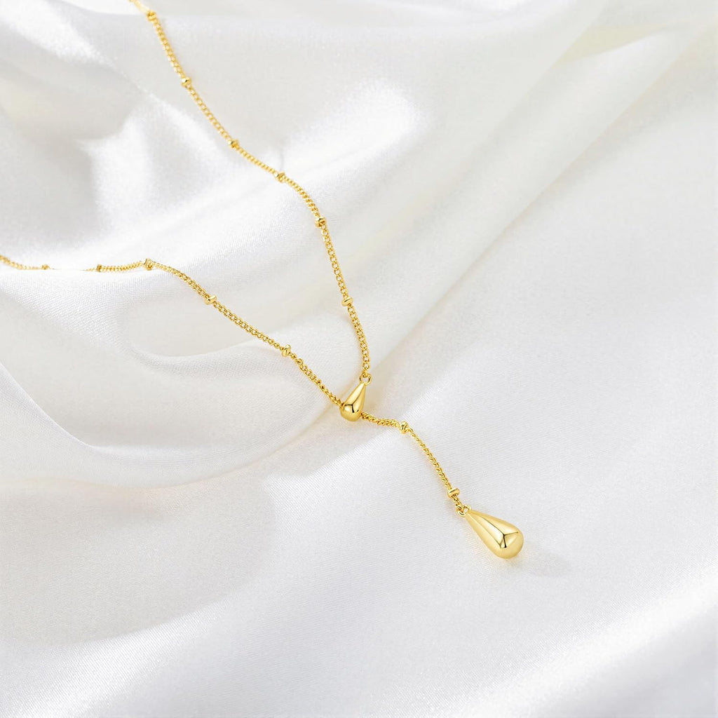 M MOOHAM Mothers Day Gifts - Dainty 14K Gold Plated Beaded Chain Small Pendant Necklaces Simple Pearl Circle Beads Italian Horn Teardrop Pendant Y-Shaped Necklace for Women Trendy Jewelry Gifts