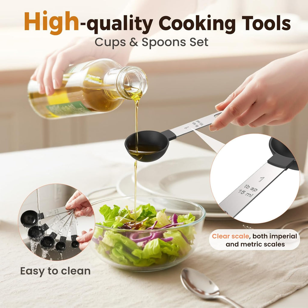 16Pcs Measuring Cups And Spoons Set, Measuring Spoon Set With Metric And Us Measurements, Fits For Measuring Dry And Liquid - Black