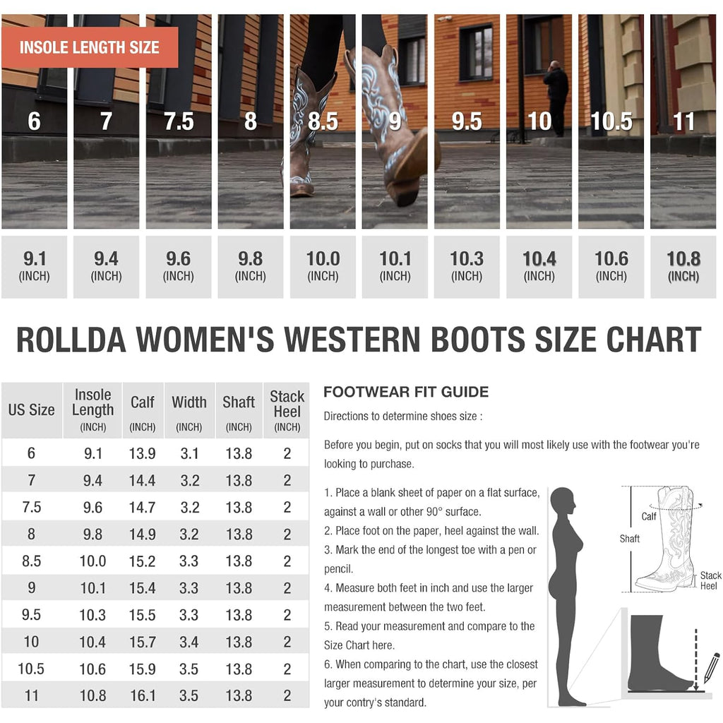 Hisea Rollda Cowboy Boots For Women Western Cowgirl Boots With Chunky Heel Ladies Snip Toe Mid-Calf Boots
