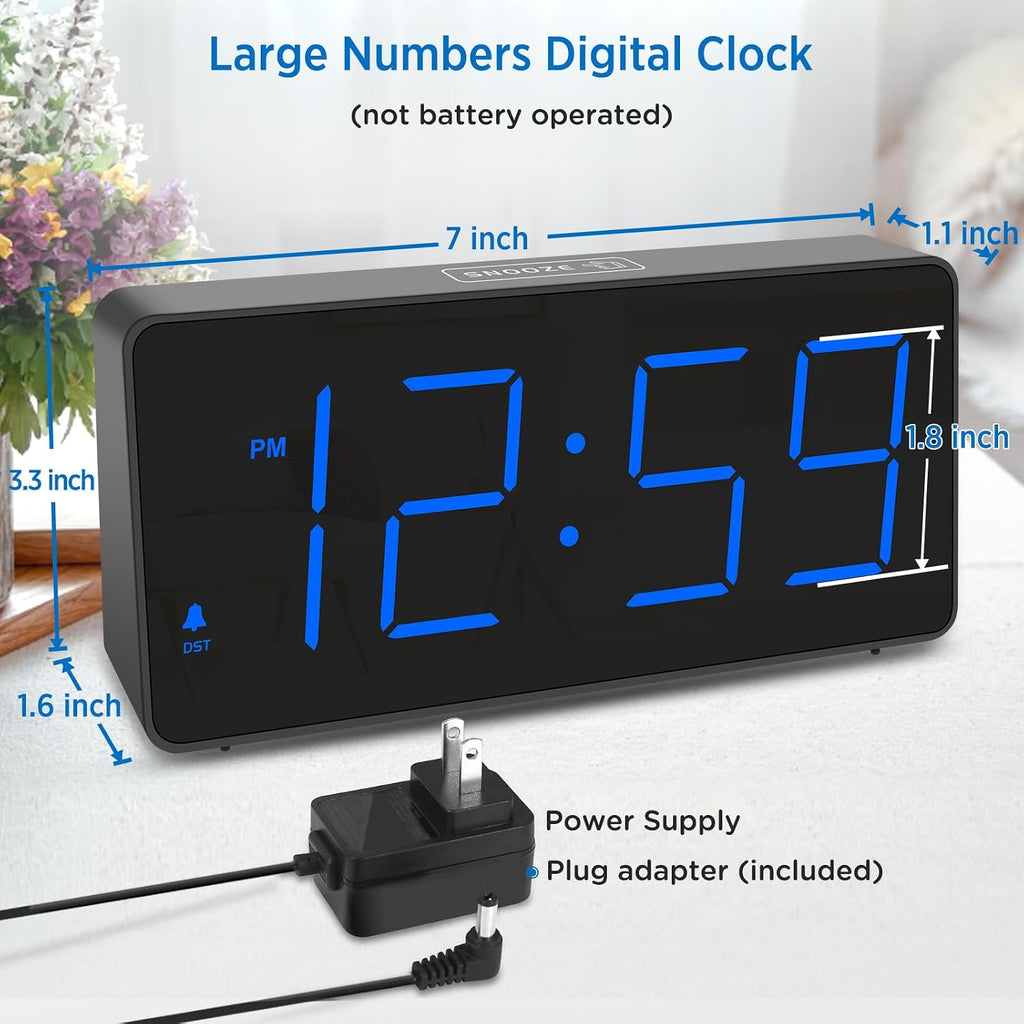 Peakeep Digital Alarm Clock For Bedrooms Bedside, Loud For Heavy Sleepers | Large Big Led Numbers Dimmable For Seniors, Battery Backup Plug In Electric Clock With Usb Charger (Blue)