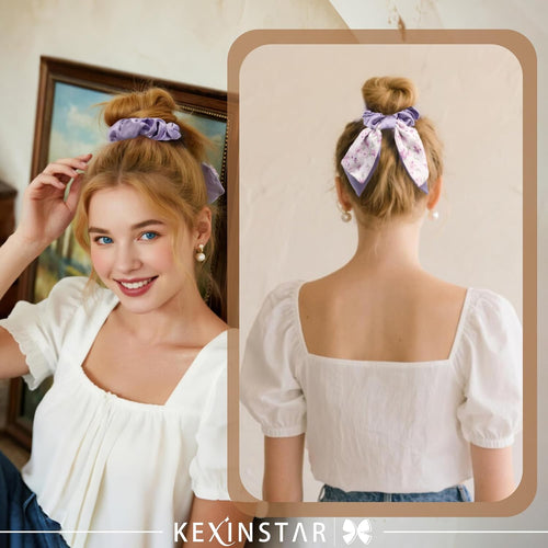4pcs Satin Scrunchies with Bows Elastic Hair Ribbons for Women Girls Bow Scrunchies for Ponytails, Thick Hair