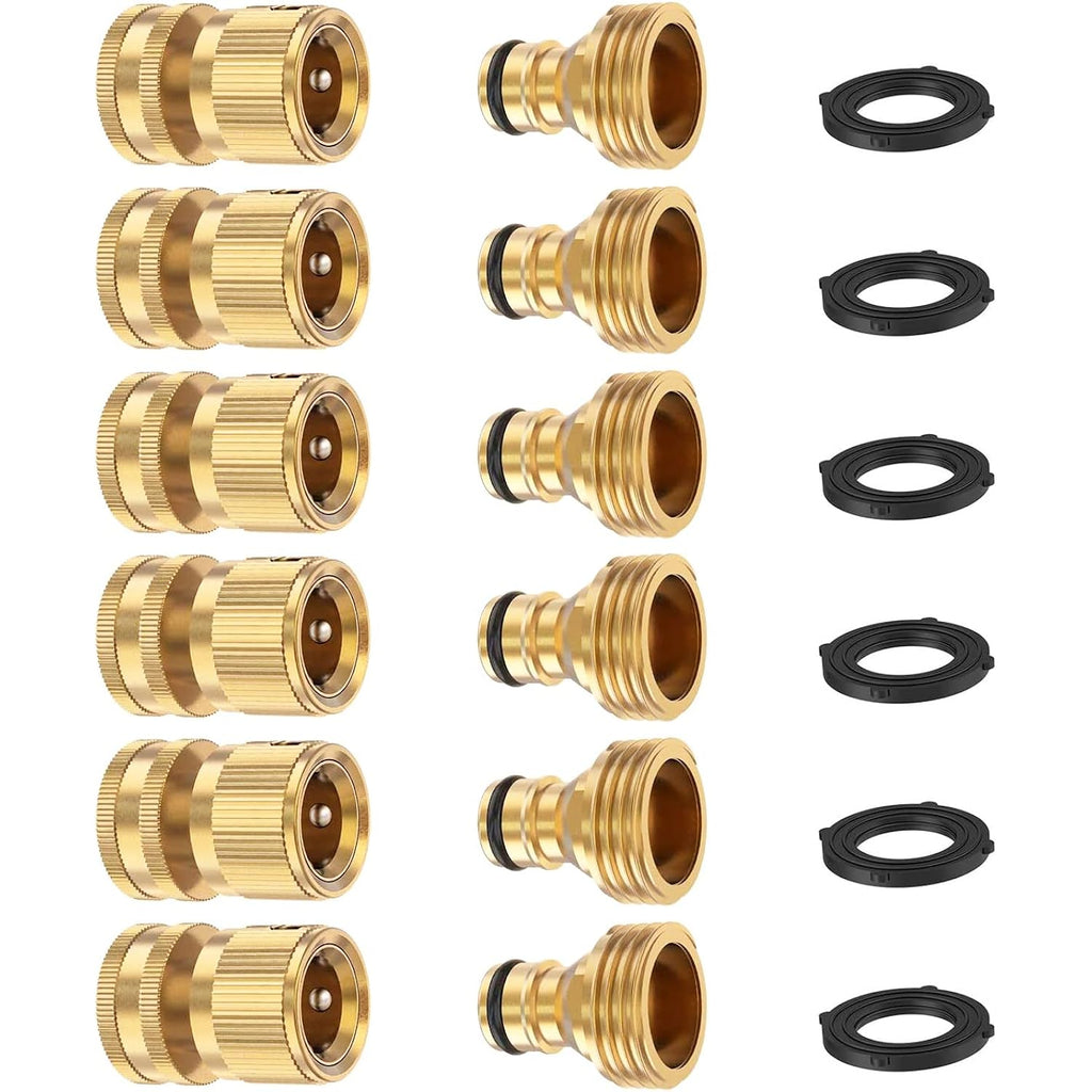 Finest+ Garden Hose Quick Connector, Solid Brass 3/4 Inch Thread Fitting No-Leak Water Hose Female And Male Easy Connect (6 Sets)