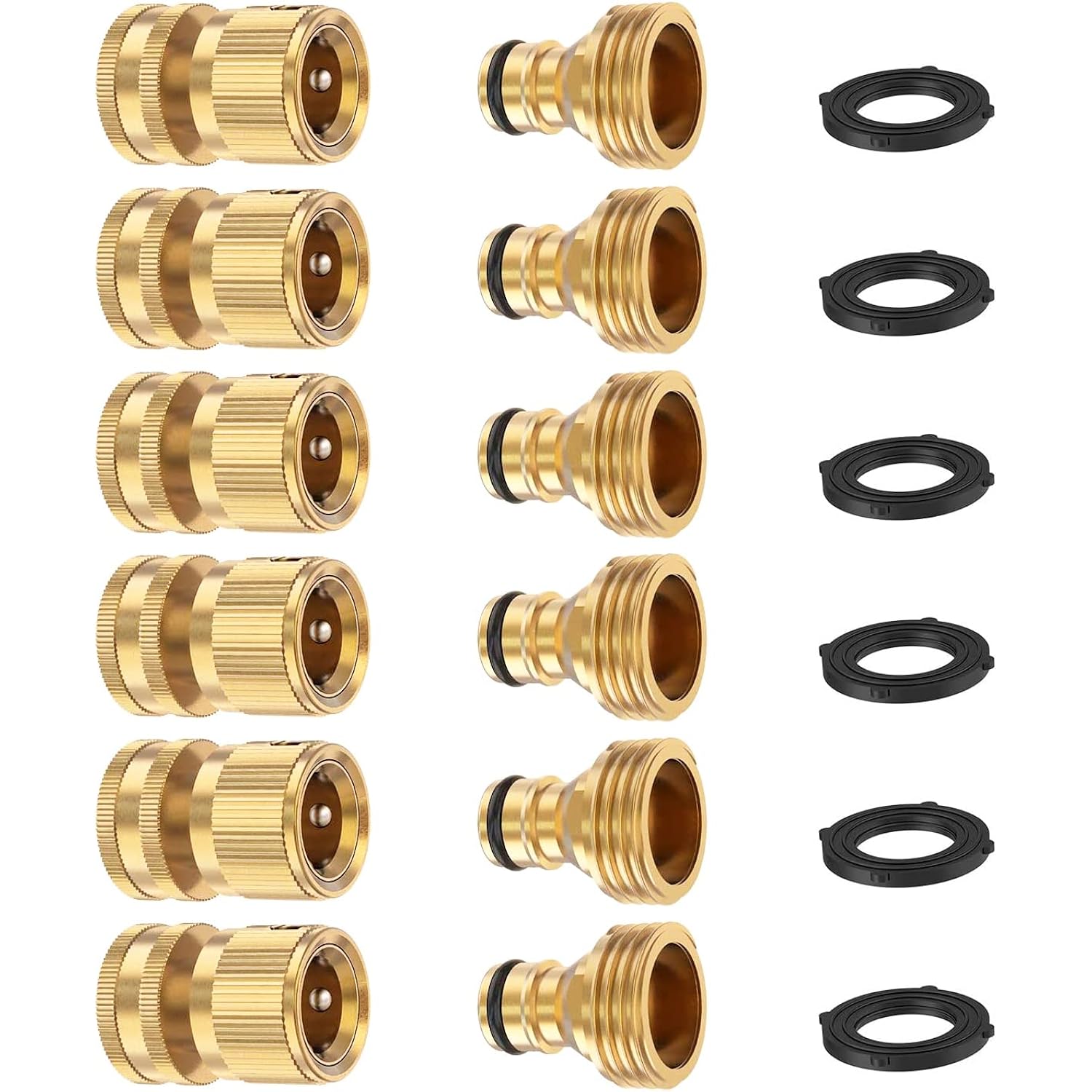 Finest+ Garden Hose Quick Connector, Solid Brass 3/4 Inch Thread Fitting No-Leak Water Hose Female And Male Easy Connect (6 Sets)