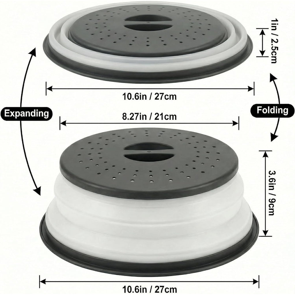 Collapsible Microwave Splatter Cover for Food, Vented Microwave Plate Cover Lid 10.5 inch, BPA-Free Silicone & Plastic, Dishwasher Safe, Multipurpose Colander for Fruit Vegetable, Black
