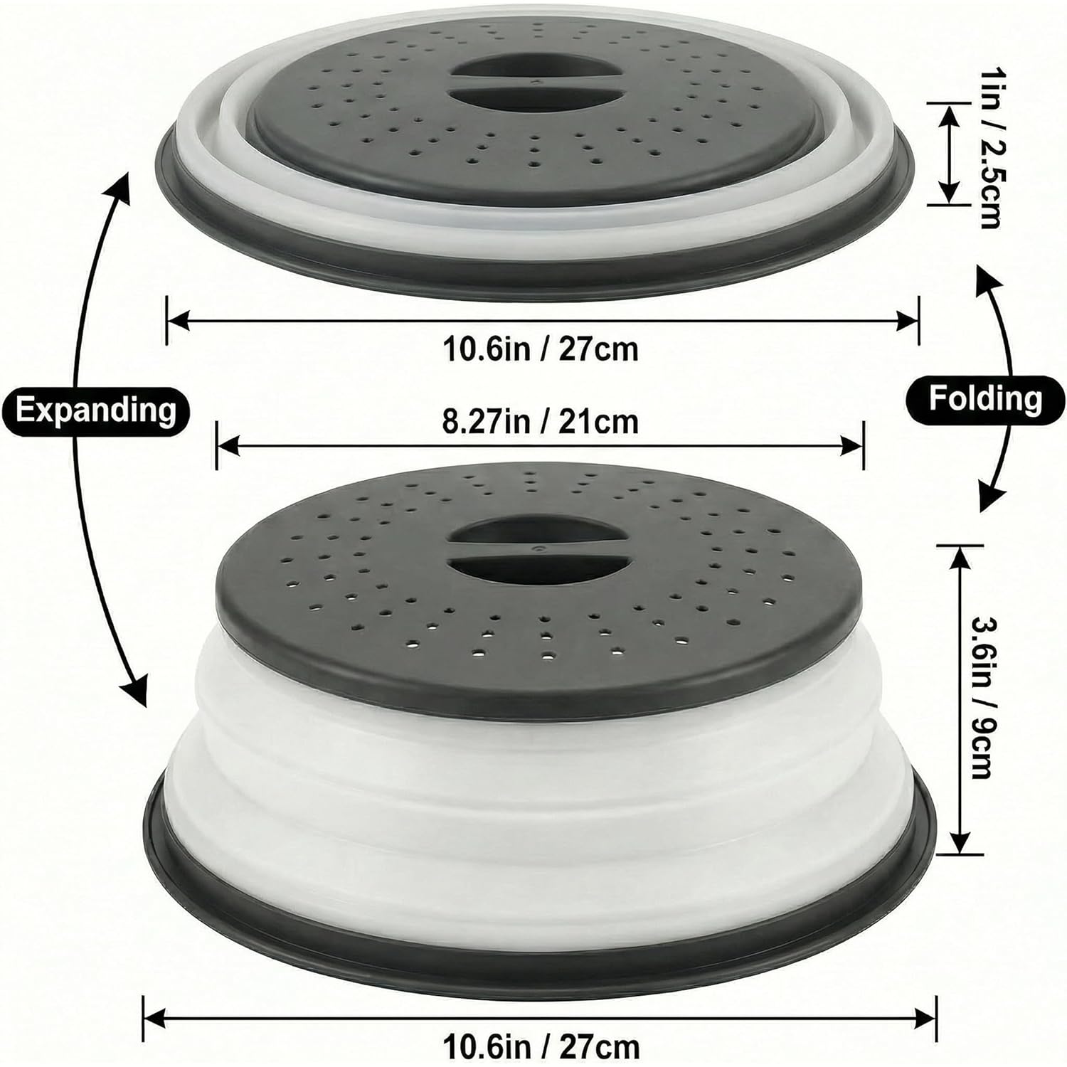 Collapsible Microwave Splatter Cover for Food, Vented Microwave Plate Cover Lid 10.5 inch, BPA-Free Silicone & Plastic, Dishwasher Safe, Multipurpose Colander for Fruit Vegetable, Black