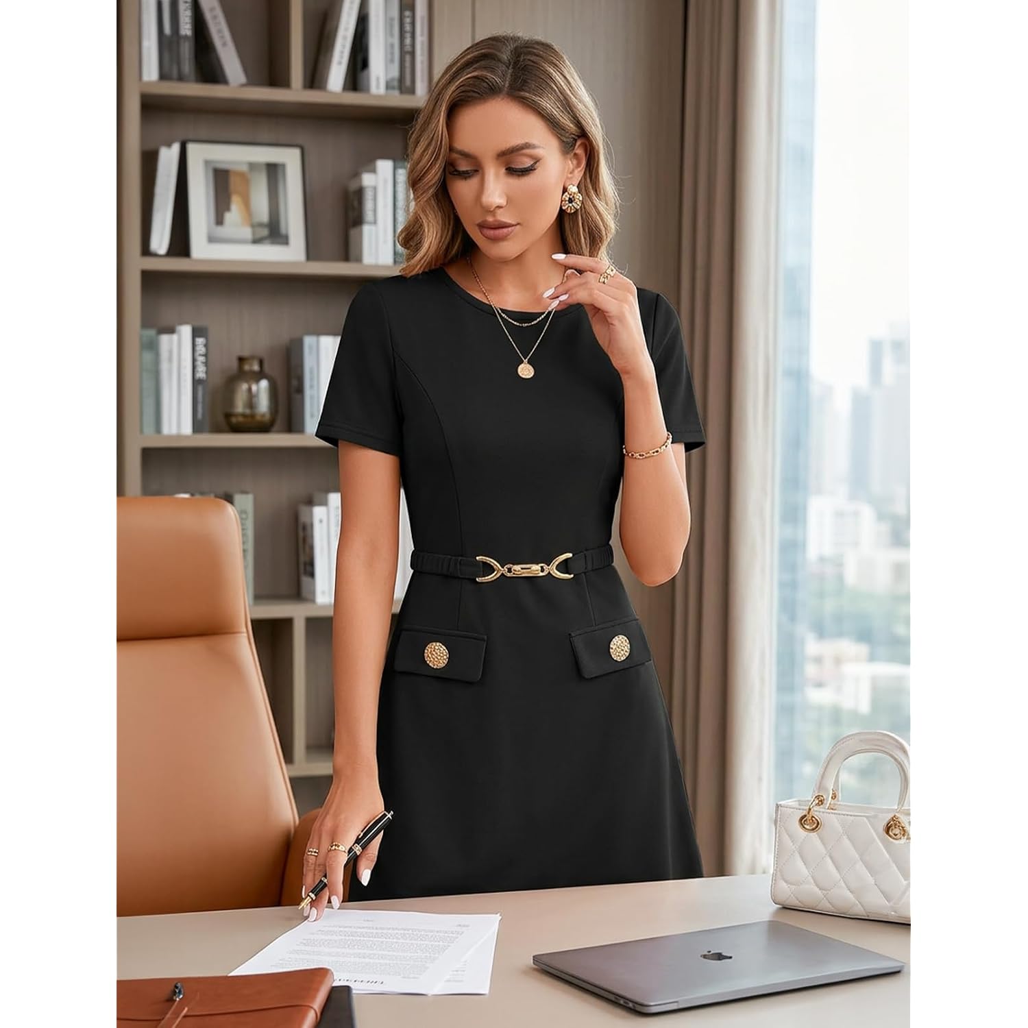 Merokeety Women'S Summer Business Casual Dress Short Sleeve 2026 Elegant Bodycon Work Office A Line Graduation Mini Dress