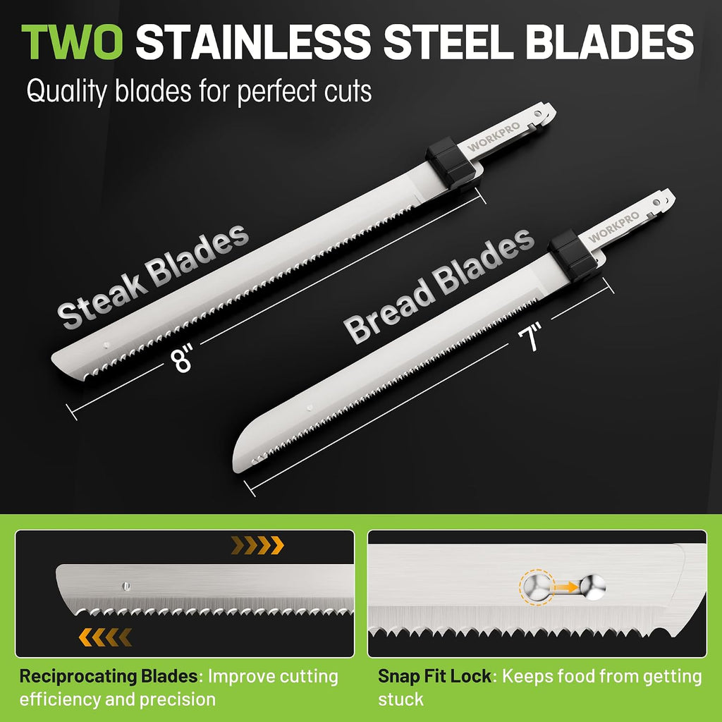 Workpro Electric Knife For Meat Slicing, Cordless Electric Carving Knife For Turkey, Fish & Bread, Two Stainless Steel Blades, Ergonomic Handle, Storage Case & Serving Fork Included, Black