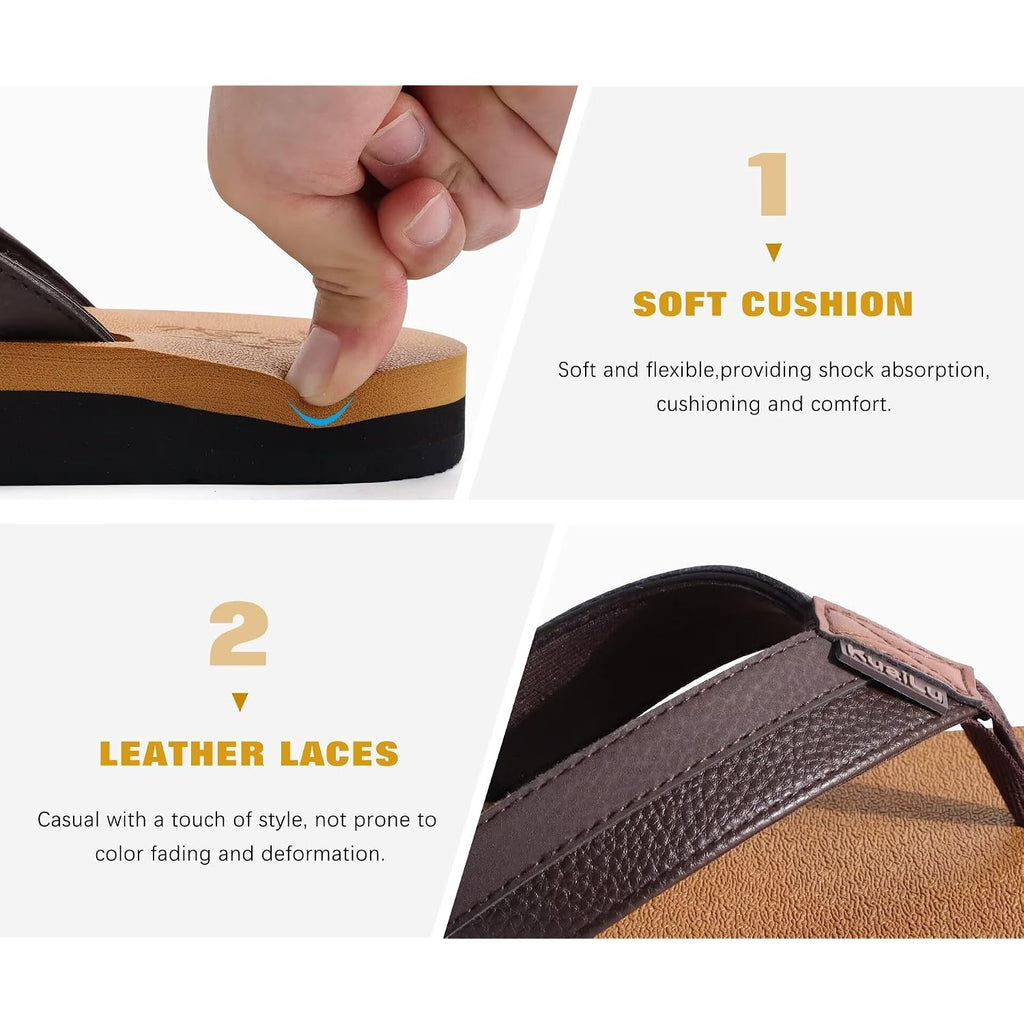 Kuailu Men'S Yoga Mat Leather Flip Flops With Arch Support Comfortable Cushion Walking Thong Sandals Slip On Indoor Outdoor