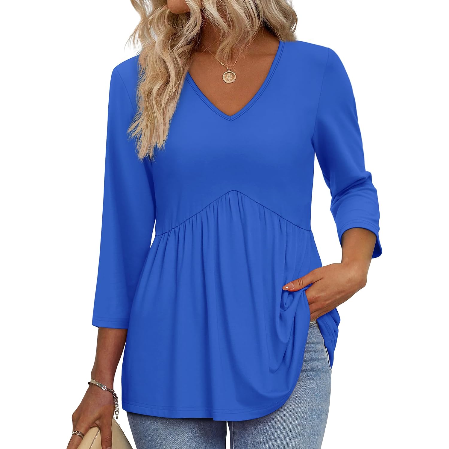 OFEEFAN 3/4 Length Sleeve Womens Tops 2025 Blouses for Women Dressy Casual Fashion Clothing V Neck Babydoll Tops Fall Outfits