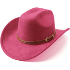 Western Cowboy Hats For Women Classic Felt Wide Brim Fedora Hat With Belt Buckle Retro Panama Hat Unisex Rolled Up Cap