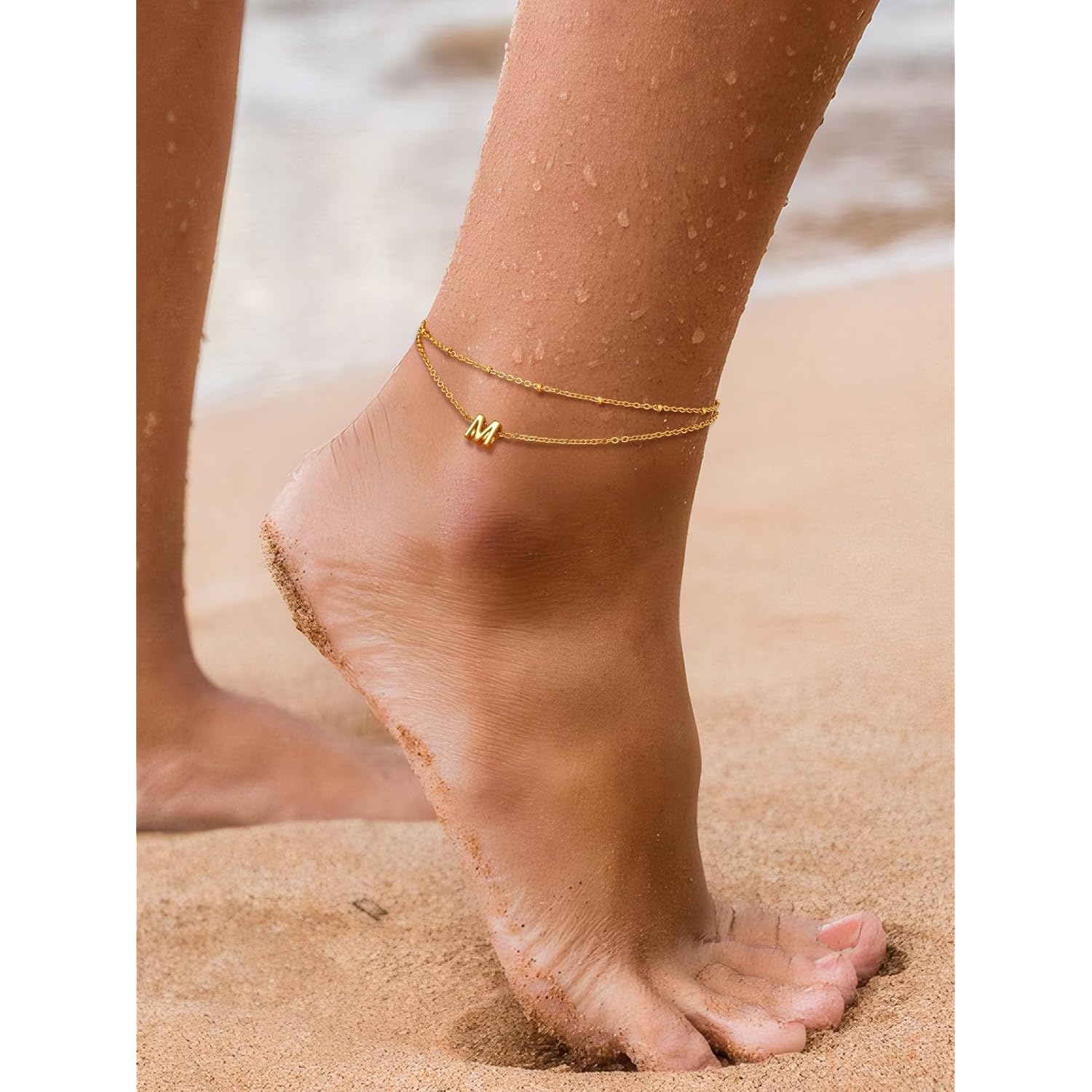 FaithHeart Initial Ankle Bracelets for Women, Waterproof 14k Gold Plated Initial Anklets Non Tarnish Stainless Steel Cute Layered Anklet Summer Beach Jewelry