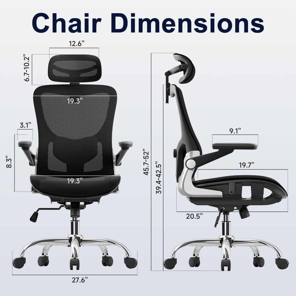 Marrap Ergonomic Office Chair, Mesh Desk Chair With 3D Armrests, Adjustable Lumbar Support And Headrest, 90-120° Rocking Function, Black
