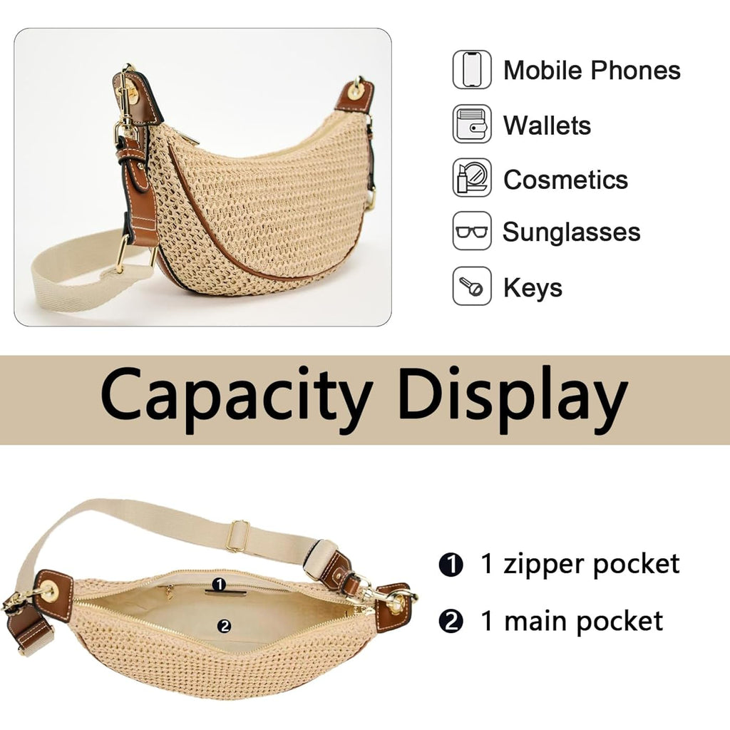 Straw Crossbody Bags For Women Crescent Woven Shoulder Handbag Summer Beach Hobo Purses With Adjustable Strap