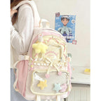 Kawaii Ita Backpack - Cute Backpack Coquette Aesthetic Back Pack Y2K Daypack With Clear Pockets With Clear Pockets (Pink)