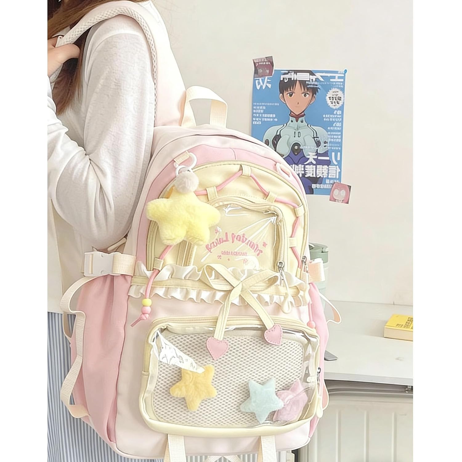 Kawaii Ita Backpack - Cute Backpack Coquette Aesthetic Back Pack Y2K Daypack With Clear Pockets With Clear Pockets (Pink)