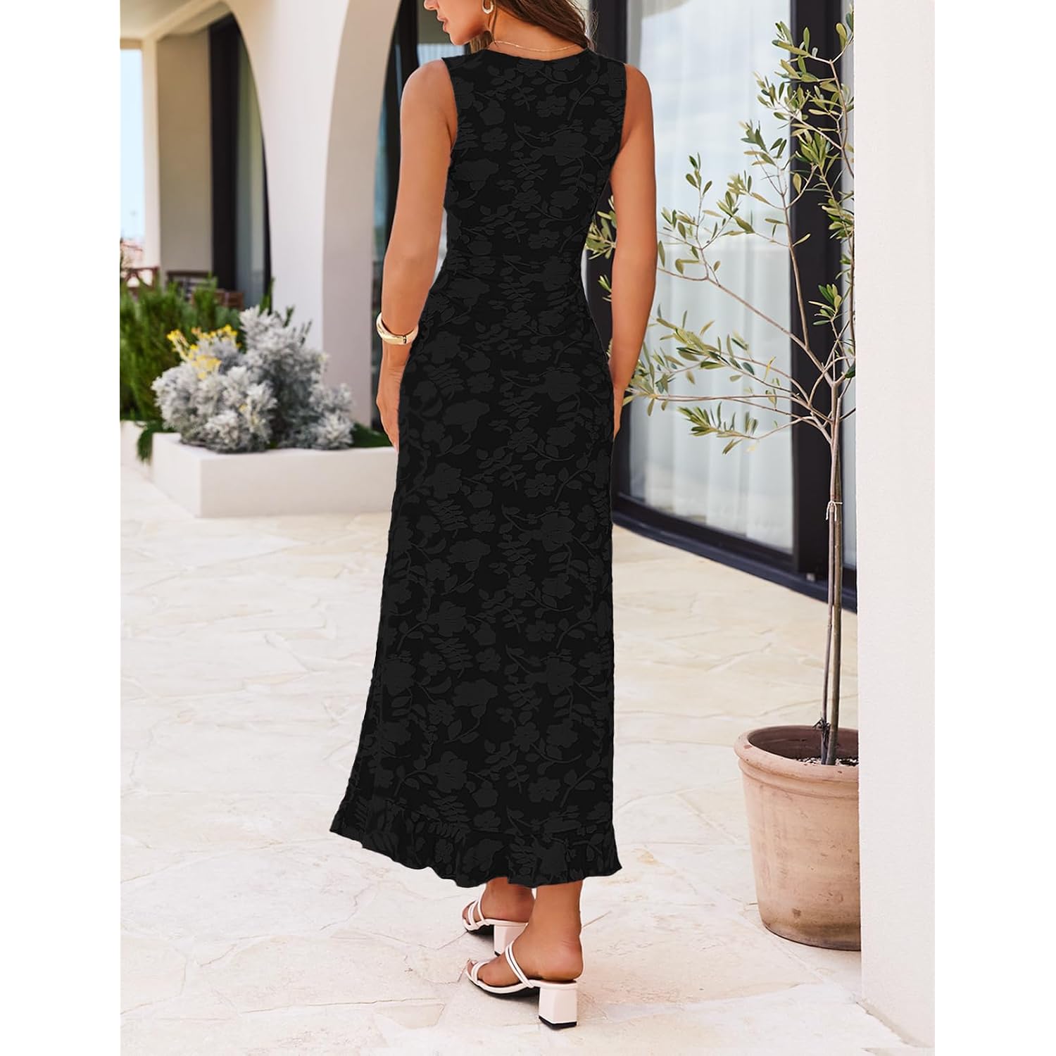 Merokeety Women'S Summer Floral Ruffle Maxi Dress High Slit Sleeveless Bodycon Formal Cocktail Wedding Guest Prom Dresses