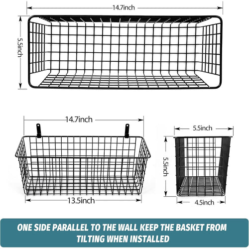 4 Set [Extra Large] Hanging Wall Mount Storage Baskets With Adhesive Hooks & Steel Hooks, Multiuse Sturdy Wire Metal Organizing Baskets For Home Kitchen Bathroom Pantry Utility Organizer, Black