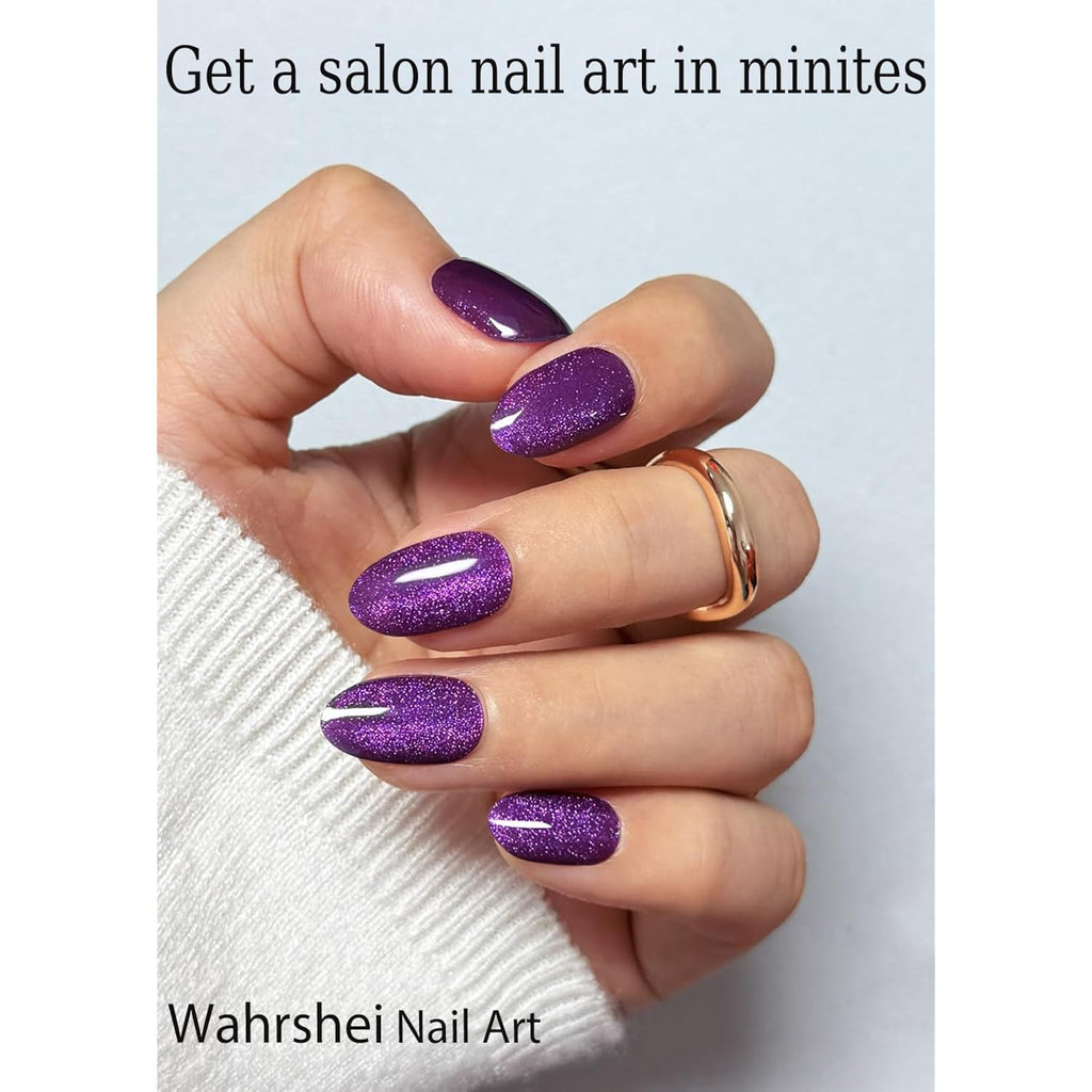 Semi Cured Gel Nail Strips, Purple Cat Eye 20pcs Adhesive UV Sticker, Wraps for Home Manicure DIY