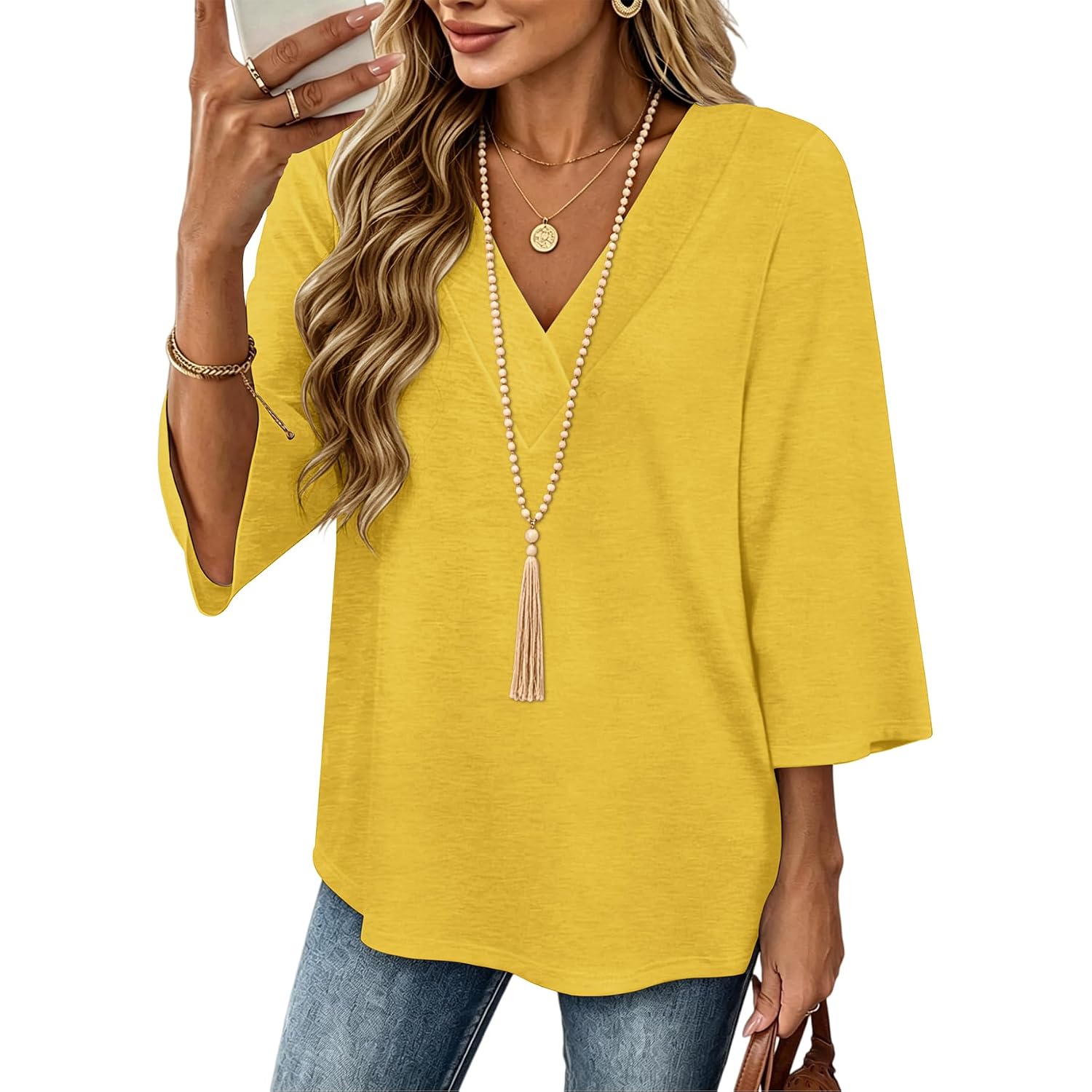 3/4 Length Sleeve Womens Tops Boho Trendy V Neck Shirts Blouses Dressy Casual Loose Fit Outfits Fashion