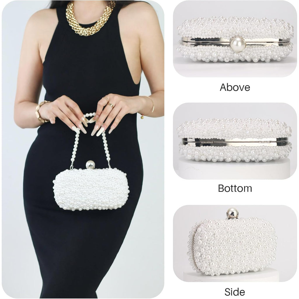 Women Pearl Clutches Noble Crystal Beaded Evening Handbag Chain Strap Shoulder Bag For Wedding Bridal Party Prom
