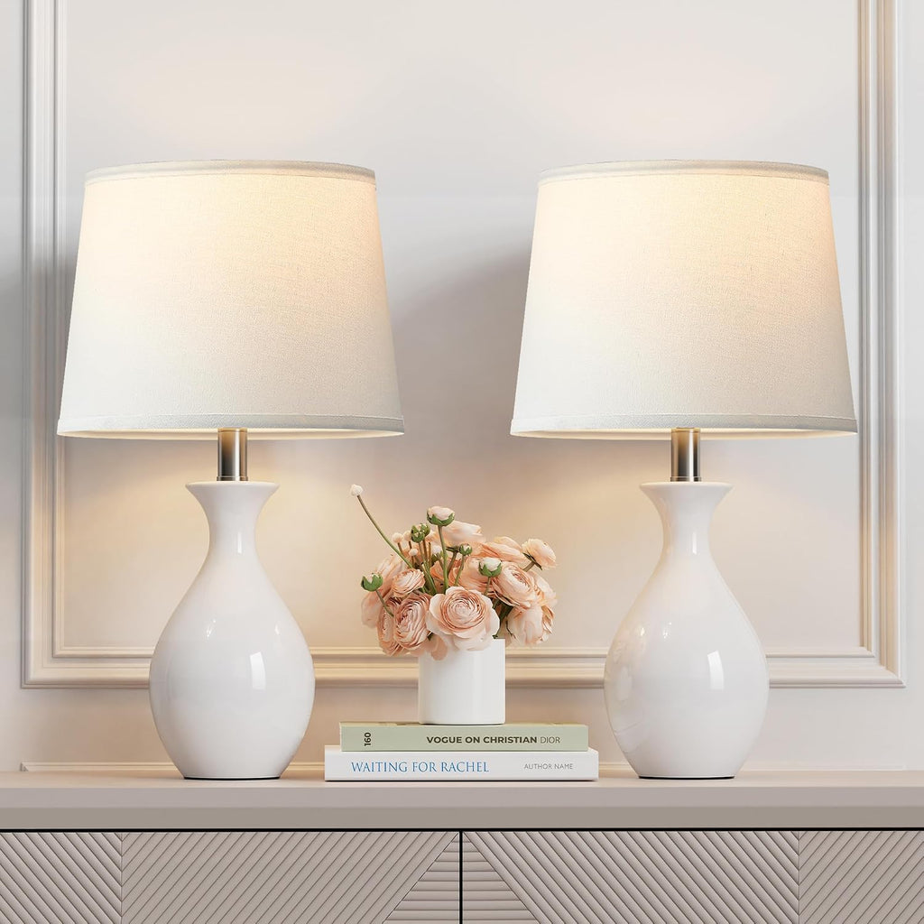 Table Lamp Set Of 2, Modern Ceramic Bedside Lamps For Night Stands, Classic Small Lamp Nightstand Lamp For Bedroom Living Room Desk End Table Rocker Swtich White