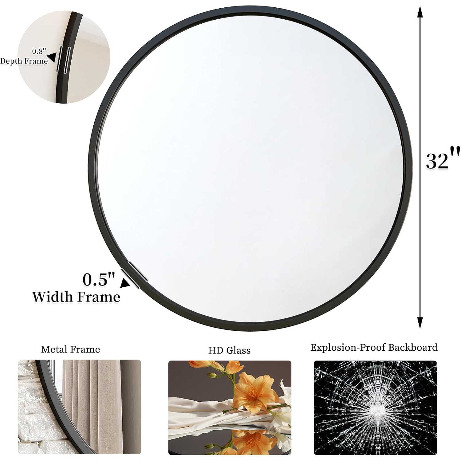 Black Round Mirror 32 Inch Circle Mirror For Bathroom Vanity, Entryway, Living Room, Round Bathroom Mirror For Wall