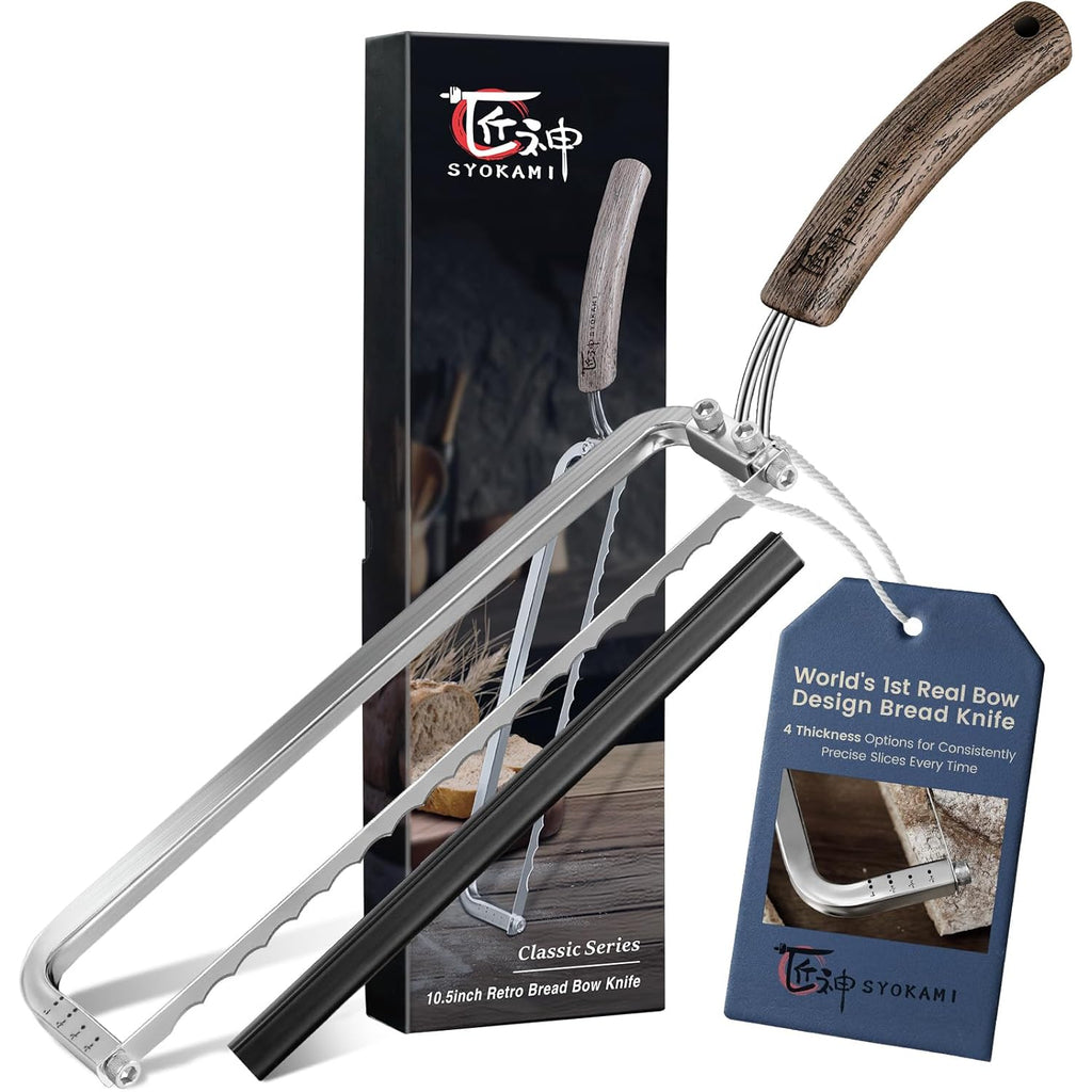 SYOKAMI 2026 Upgrade Bread Knife for Homemade Bread, World's 1st Real Bow-Design Sourdough Bread Slicer, Razor-Sharp Cutter for Crusty Sourdough & Baguette, 4 Thickness Scale Marks, Ideal for Gift