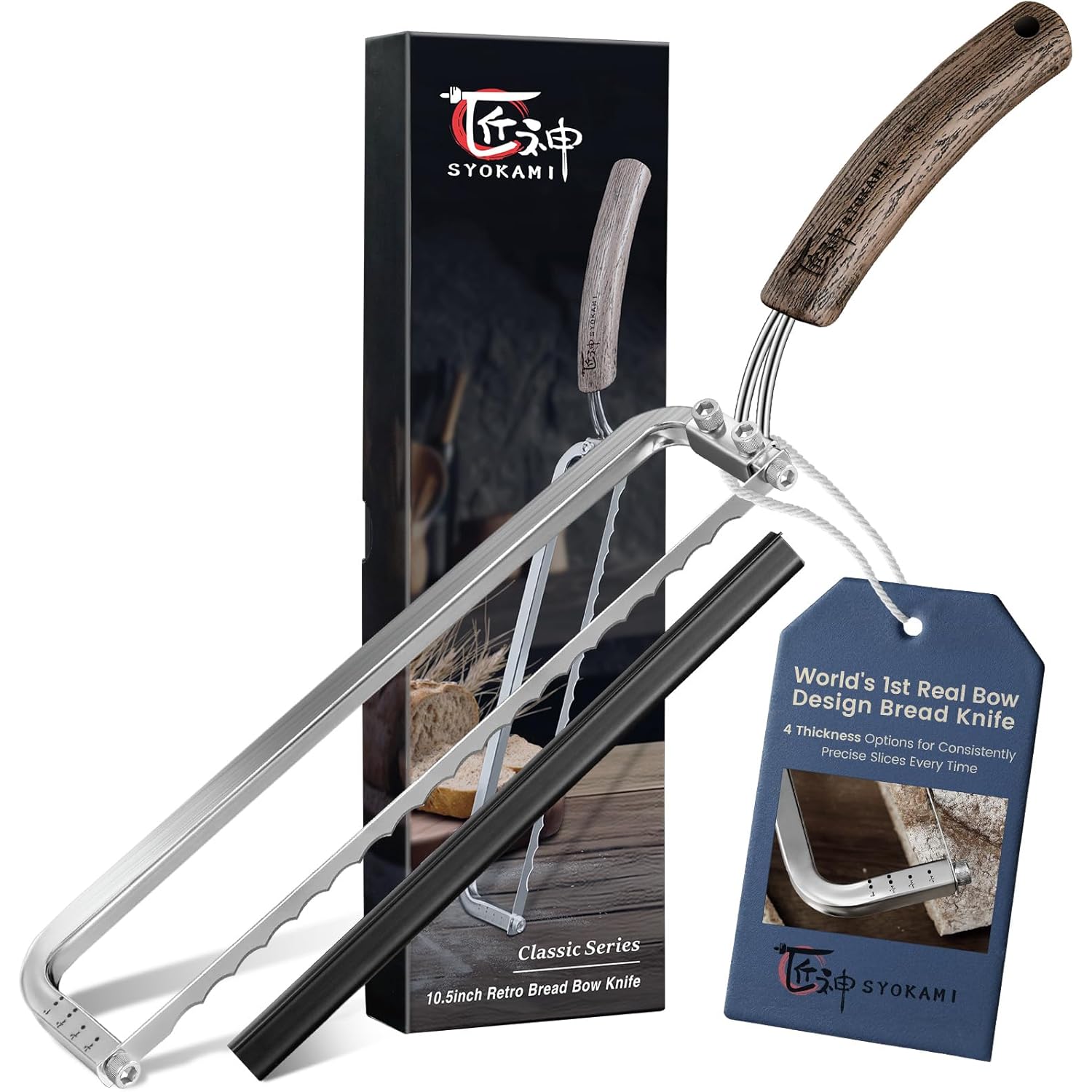 SYOKAMI 2026 Upgrade Bread Knife for Homemade Bread, World's 1st Real Bow-Design Sourdough Bread Slicer, Razor-Sharp Cutter for Crusty Sourdough & Baguette, 4 Thickness Scale Marks, Ideal for Gift
