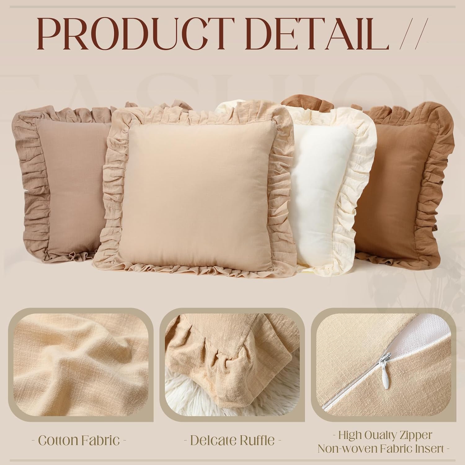 8 Packs Neutral Color Ruffle Pillow Covers with Inserts 18 x 18 Inches Soft Cotton Ruffle Pillowcase Rustic Boho Farmhouse Modern Home Decor for Bed Sofa Living Room Couch