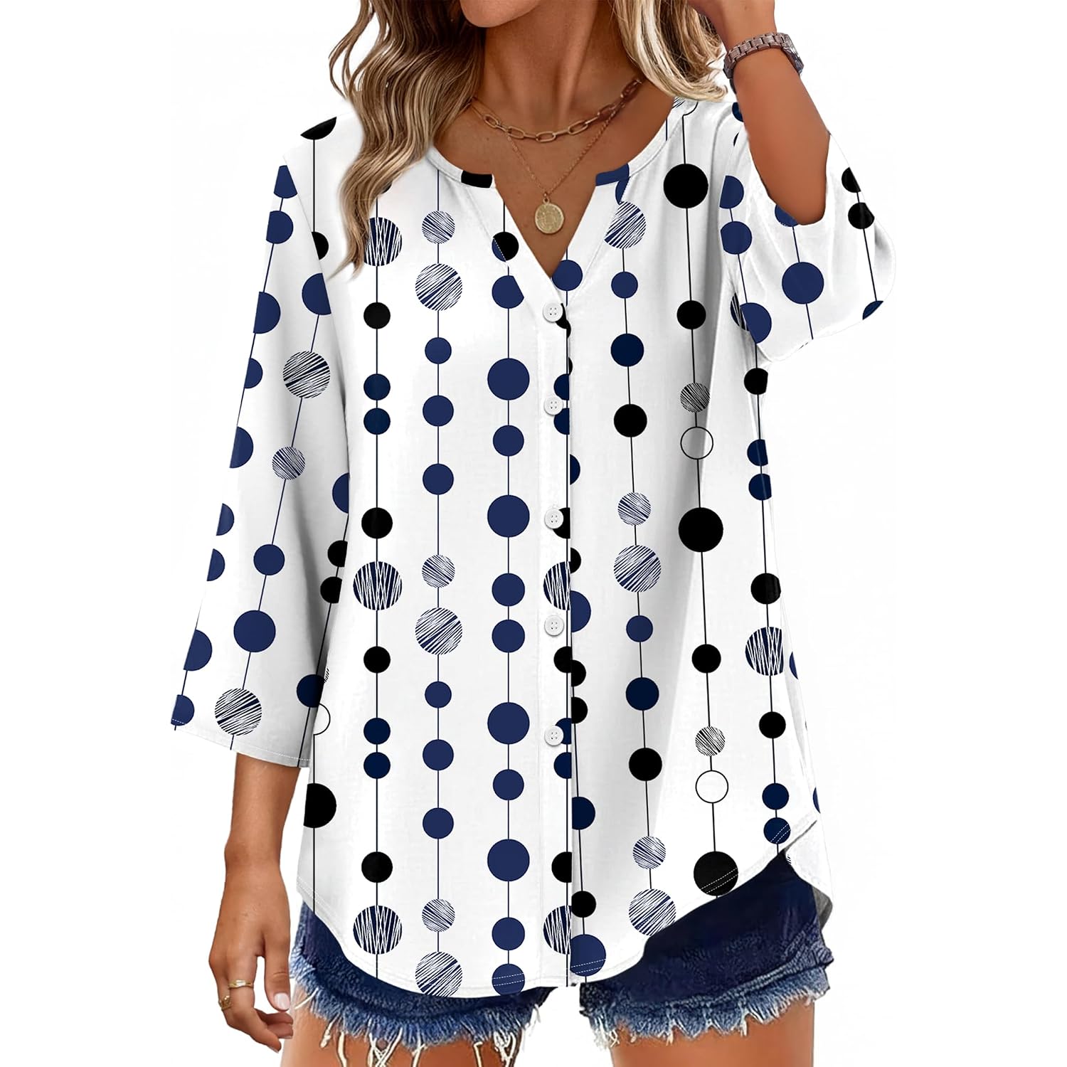 Ofeefan Button Down Shirts For Women 3/4 Length Sleeve Tops V Neck Blouses Business Casual Outfits Loose Fit