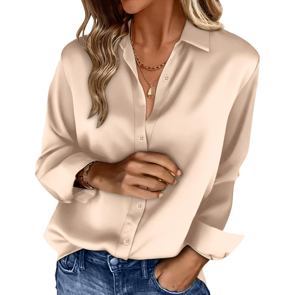 Womens Button Down Shirts Long Sleeve Tops Silk Satin Blouses Business Casual Fashion Outfit