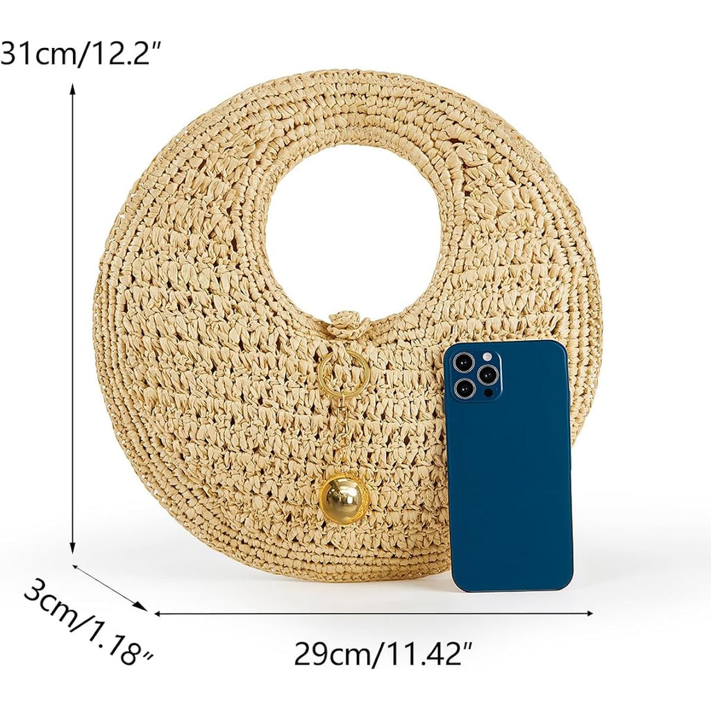 Philomena Woven Straw Beach Bag For Women Handmade Raffia Circle Bag, Summer Boho Chic Tote Purse Handbag Large Round Bag