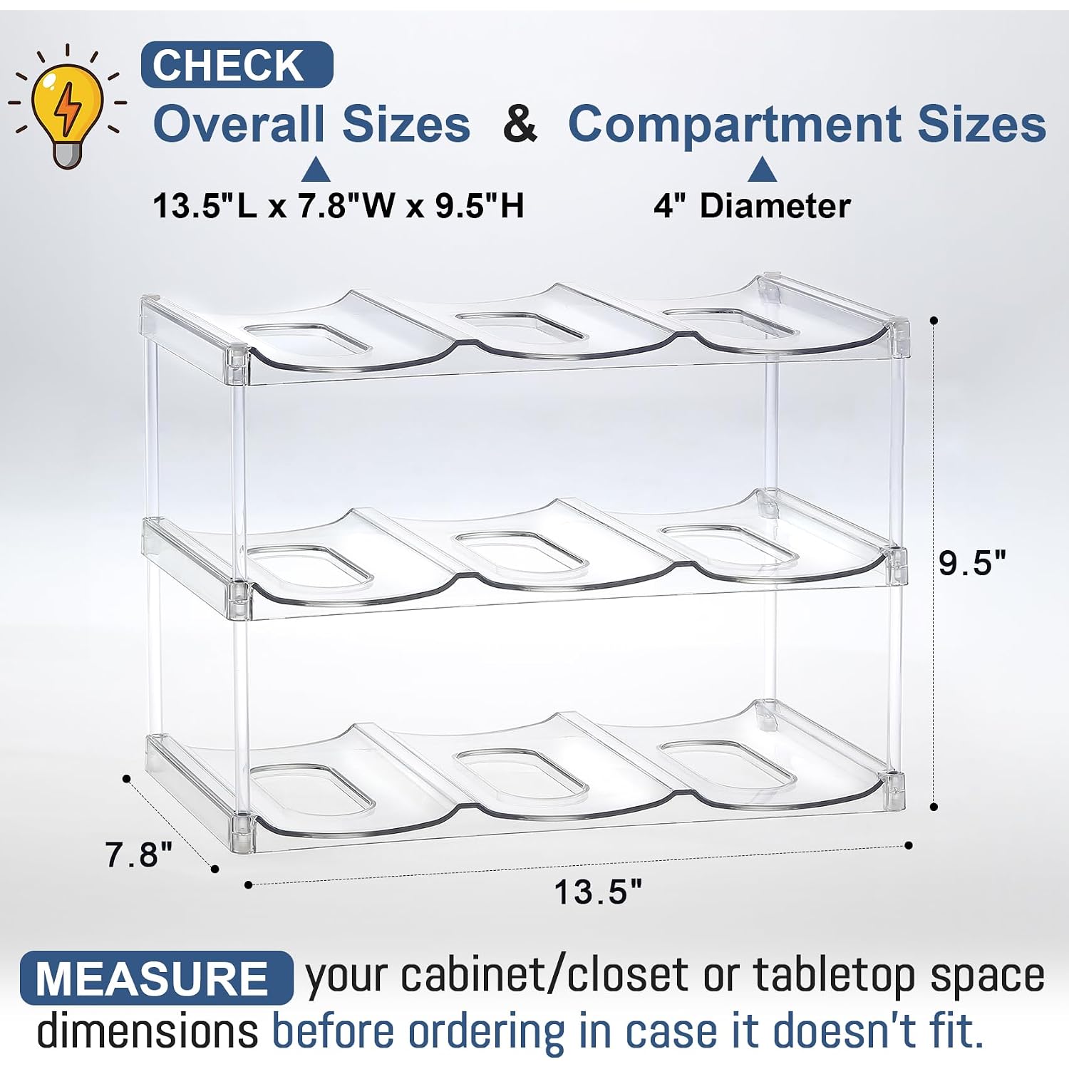 Larger Compartment - Stackable Water Bottle Organizer Holder - For Stanley & Others' Large Tumbler - Clear Wine Rack, Cup Bottle Holder For Cabinet Home Countertop Fridge Pantry Shelf, 3 Tier Hold 9